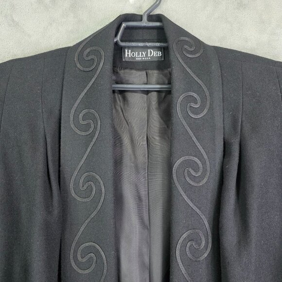 Womens Holly Deb Black 100% Pure Wool Embroidered Long Coat Open Front Size M - Picture 5 of 12
